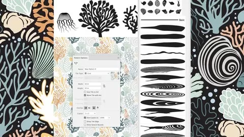 Use Illustrator brushes to make more brushes for creating the intricate fitted Coral and Sea Life pattern design