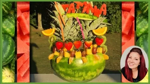 Fruit decoration workshop: carving & decorating a watermelon into a peacock arrangement plus a tropical fruit bowl craft