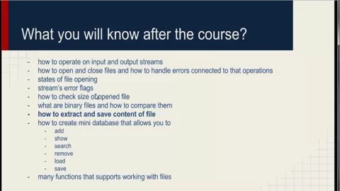 This course is about operating on files in C++ language usingthe fstream (file stream) library.