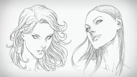 In this lesson you'll learn how to draw the female head from the top down and bottom up perspectives in the three quarter view.